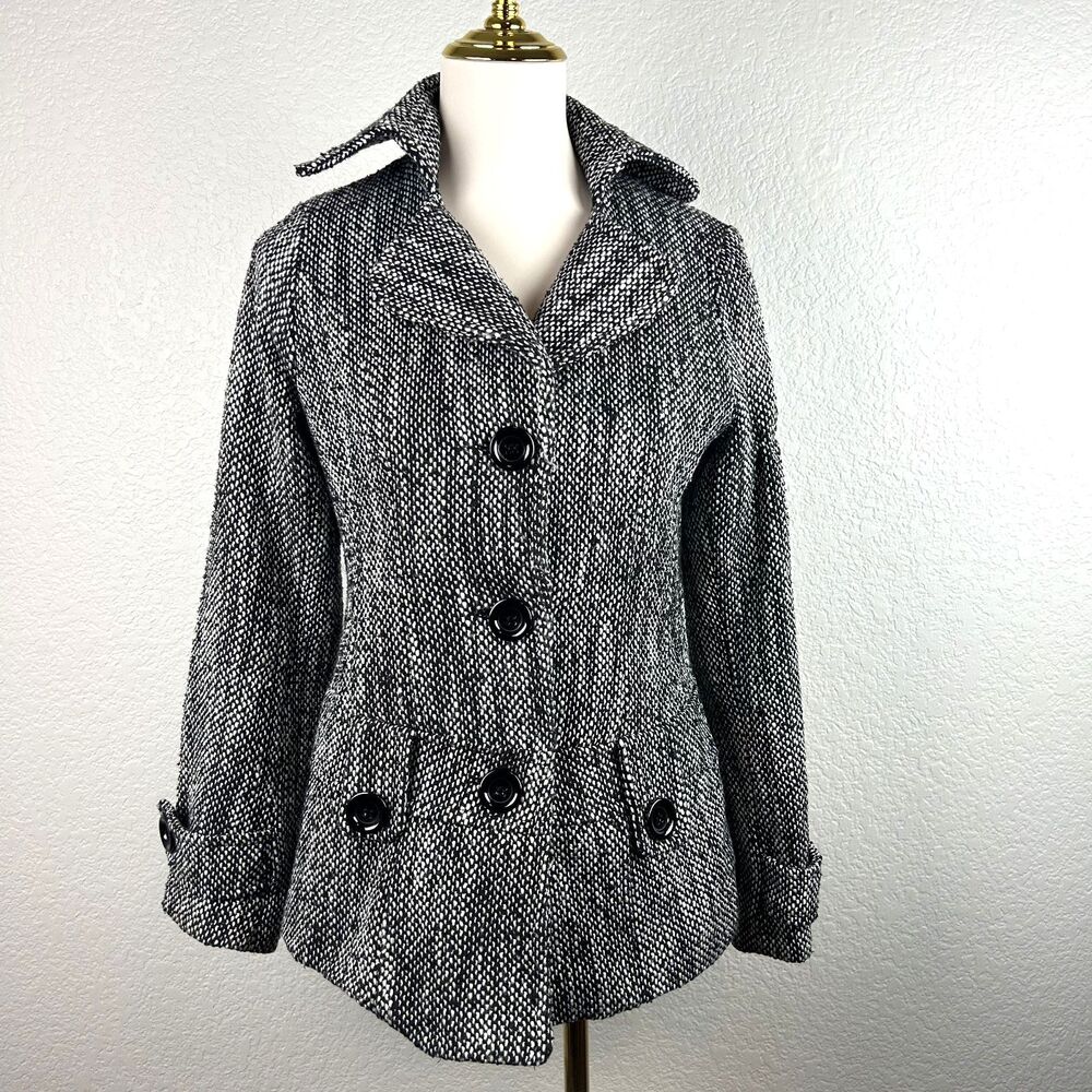 Poetry Clothing Women's Tweed Button Up Jacket Coat Gray BlackSize Small